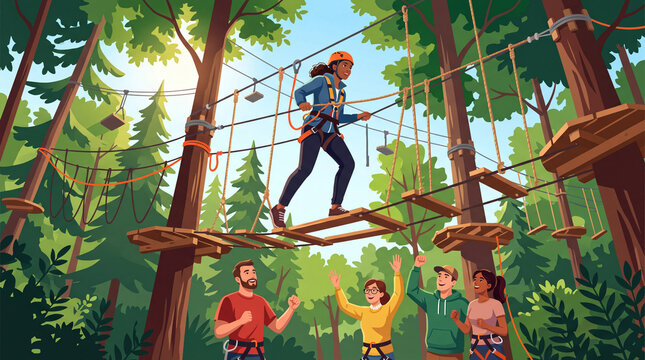 Corporate team outing on a ropes course