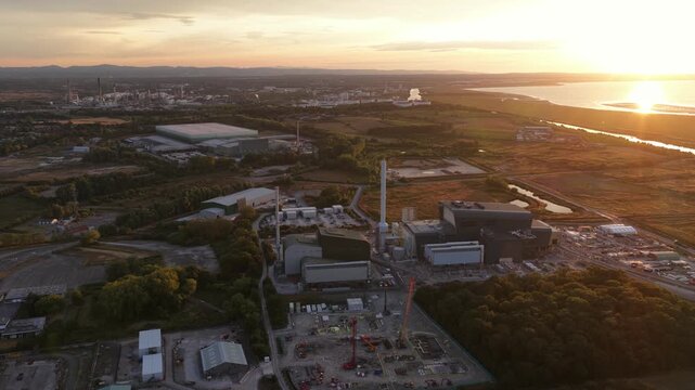 Aerial view of Protos Energy Recovery Facility in Cheshire, showing a modern waste-to-energy plant with power generation, recycling infrastructure and future carbon capture.