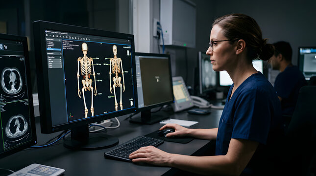 Medical Researcher Analyzing 3D Human Skeleton on Computer Screens