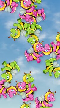Colorful Cartoon Bee Dragons Falling Through a Blue Sky