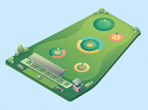 Isometric illustration of a modern golf driving range