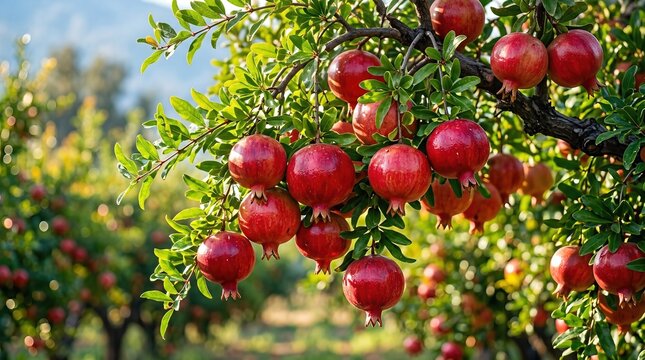 Pomegranate tree branches laden with ripe red fruit surrounded by lush green leaves in a vibrant orchard under clear blue skies