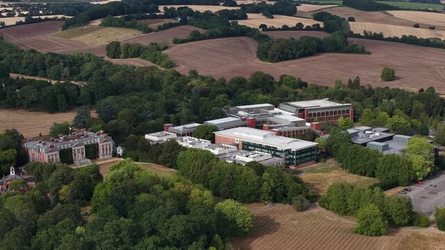 Aerial view of Hursley in Hampshire, England, a major research and development campus for software, computing, enterprise technology and innovation.