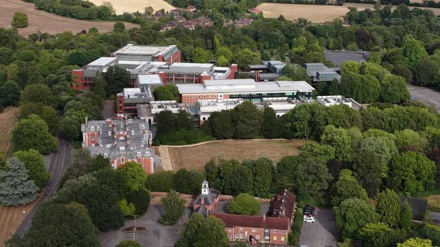 Aerial view of Hursley in Hampshire, England, a major research and development campus for software, computing, enterprise technology and innovation.