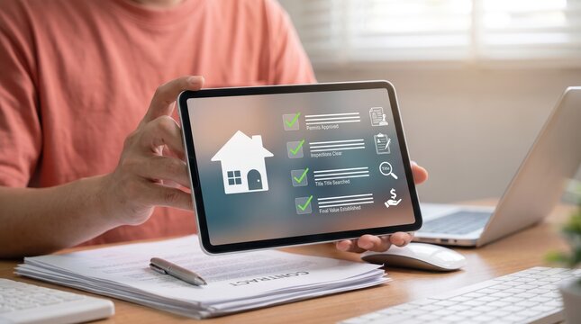 Person holding tablet displaying real estate property checklist with green checkmarks, contract documents on desk, home buying process verification, mortgage approval steps