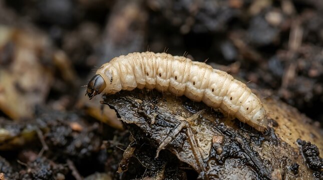 Detailed side view macro of single hairy black soldier fly larva on substrate