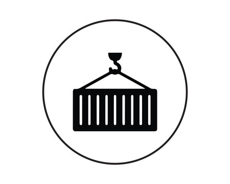 Black and white vector icon of a shipping container lifted by a crane hook inside a circle