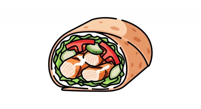 Delicious chicken burrito wrap with fresh lettuce tomato and cucumber slices isolated on white background