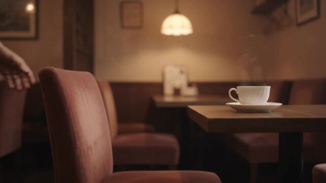 Steaming cup of coffee on a wooden table in a cozy, dimly lit cafe with warm lighting and empty seats.