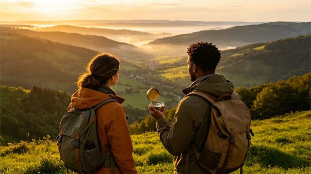 Hikers Couple Looking at Scenic Mountain Valley Landscape at Sunrise