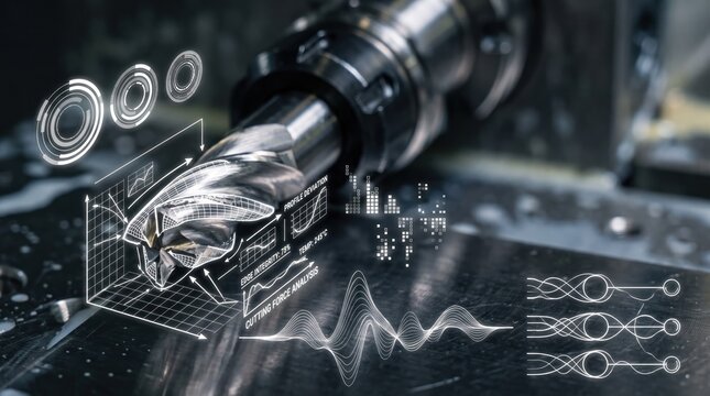 Silver steel metal milling cutter machining with futuristic HUD interface graphics
