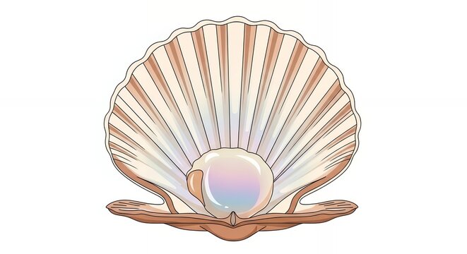 Elegant Open Scallop Shell with Large Shiny Iridescent Pearl Inside Isolated on White Background Marine Art