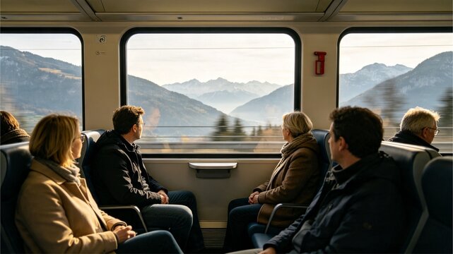 Friends Looking Out Train Window at Beautiful Landscape Journey
