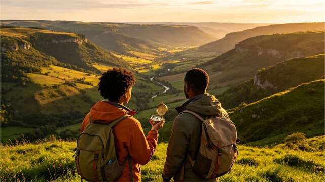 Hikers Standing on Mountain Peak Looking at Sunrise Valley View
