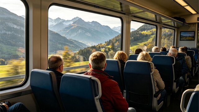 Passengers Traveling and Enjoying Mountain Scenery Through Train Window