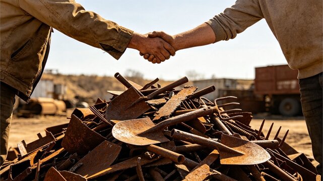 Worker Shaking Hands Over Rusty Tools at Construction or Scrap Yard