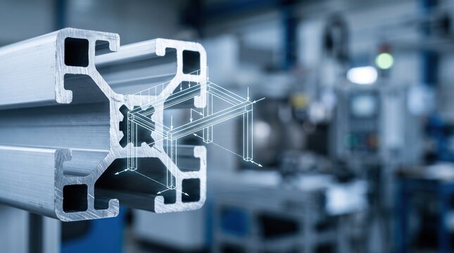 Silver aluminum extrusion profile with engineering blueprint CAD wireframe overlay