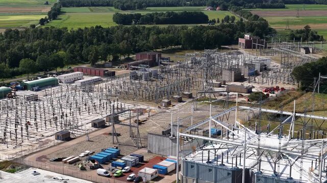 Aerial view of the Meeden high voltage substation expansion, upgrading Dutch grid capacity for growing electricity demand, renewable generation and cross-border power exchange.