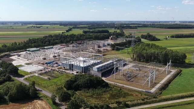Aerial view of the Meeden high voltage substation expansion, upgrading Dutch grid capacity for growing electricity demand, renewable generation and cross-border power exchange.