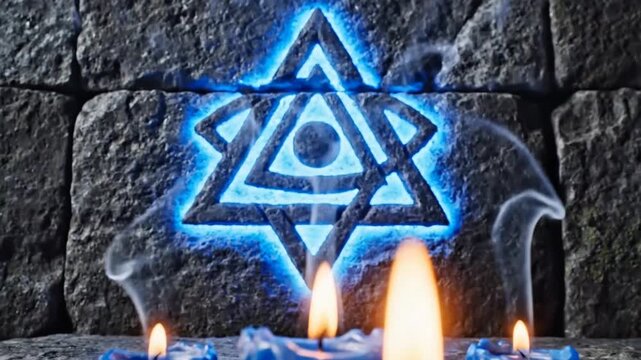 Mystical Blue Hexagram with Eye Symbol and Lit Candles on Ancient Stone