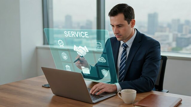 Professional businessman using futuristic hologram interface for customer service management