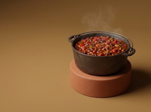 A steaming hot pot of chili for a community chili cookoff event featuring savory beans, tomatoes, and spices