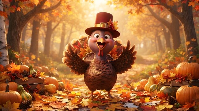 A cheerful cartoon turkey wearing a pilgrim hat stands in a vibrant autumn forest surrounded by pumpkins and colorful fall foliage in a sunny setting