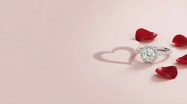 Sparkling halo diamond engagement ring casting a heart-shaped shadow with red rose petals on pink background and copy space