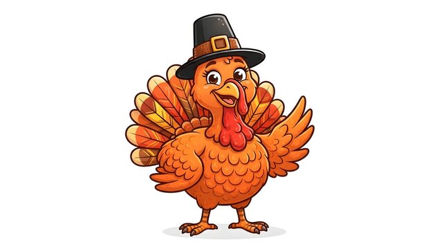 Cute cartoon turkey wearing a pilgrim hat isolated on white background
