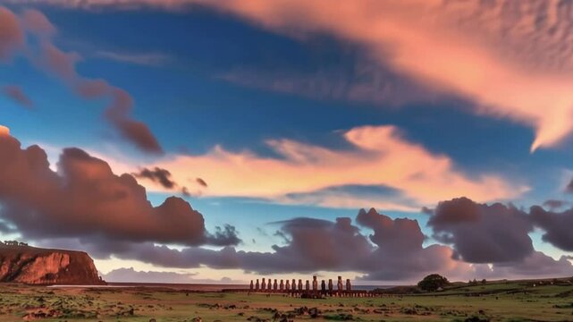 Ahu Tongariki Moai Statues Standing in a Row by the Ocean on Easter Island, Valparaiso, Chile. Time lapse video.
