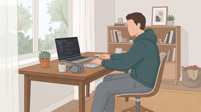 Faceless male programmer working remotely from a cozy home office with laptop, headphones, coffee and plant, representing freelance coding and digital work