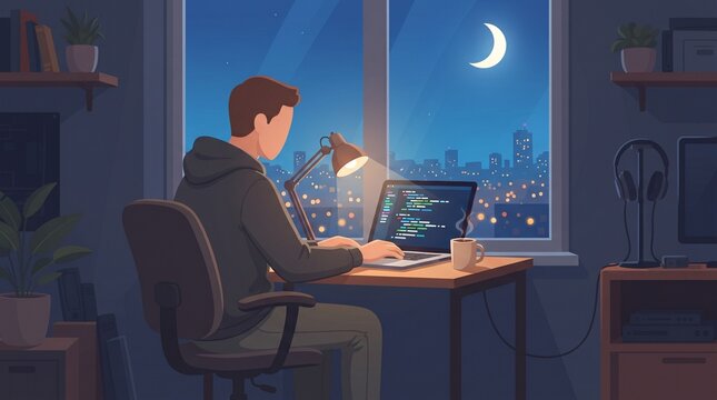 Faceless male programmer coding late at night with glowing laptop, coffee and city lights outside the window, cozy technology workspace illustration