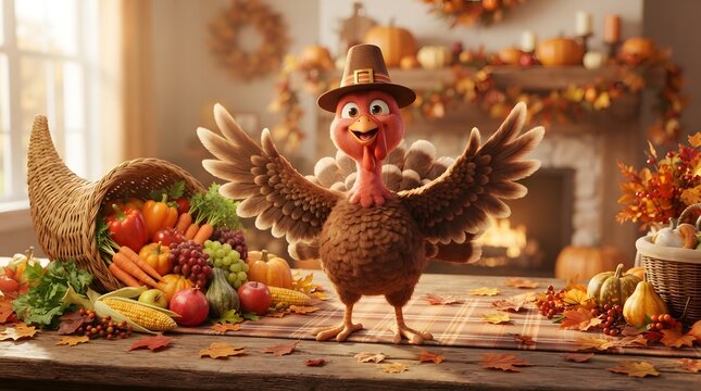 Cute cartoon turkey wearing a pilgrim hat standing on a table with a cornucopia