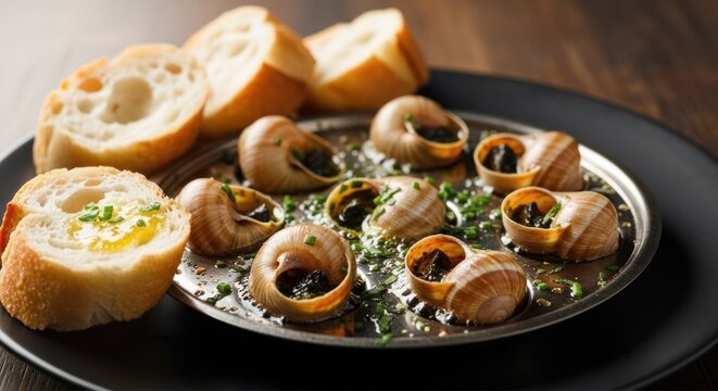 Escargots dish with butter and herbs served with toasted bread slices