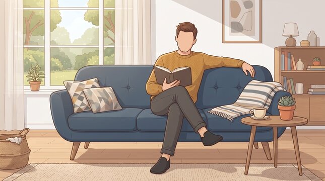 Faceless male cartoon character sitting comfortably on a modern sofa while reading a book in a cozy living room with coffee and indoor plants