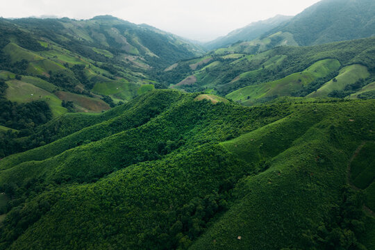 Aerial view of lush green rolling hills and agricultural valleys in a tropical mountain landscape.