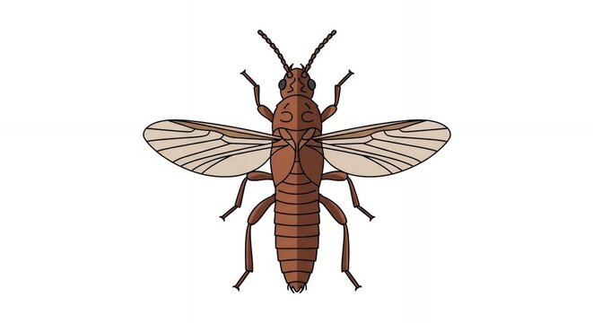 Top View Brown Flying Termite Pest Insect Illustration with Transparent Wings and Antennae on White Background