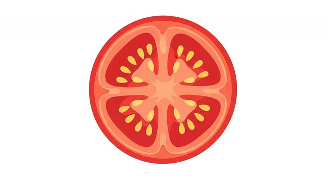 Vibrant Red Tomato Cross Section Graphic Showing Internal Seeds and Pulp Isolated on Clean White Background
