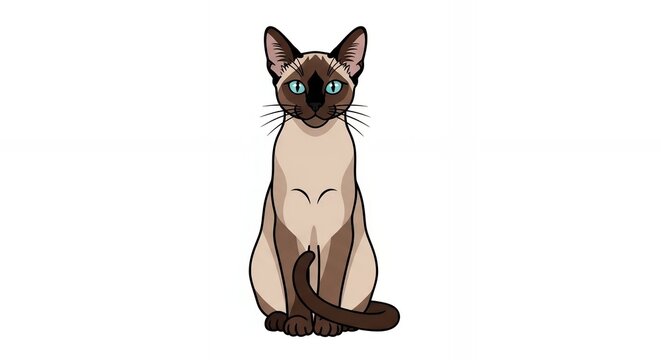 Beautiful Siamese Cat Illustration Featuring Deep Blue Eyes and Pointed Fur Pattern Isolated on White Background