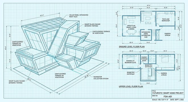Futuristic Smart Home Project Blueprint with Floor Plans and Solar Tiles