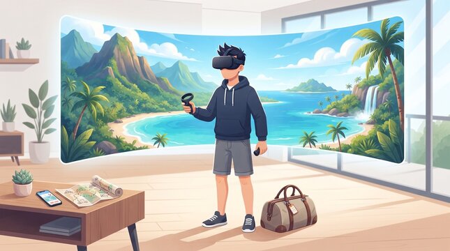 Faceless male traveler wearing a VR headset while exploring a virtual tropical destination, representing virtual tourism, travel technology and immersive experiences