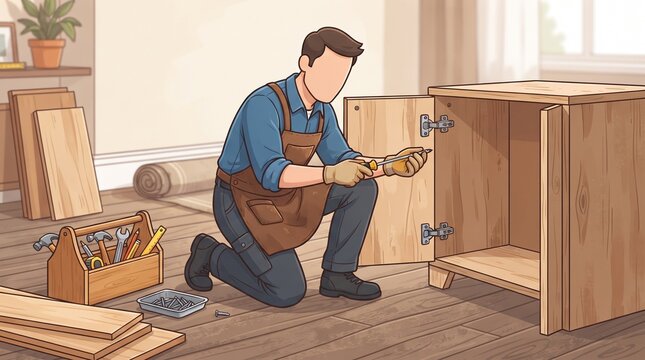 Faceless male handyman holding a screwdriver while repairing a wooden cabinet hinge, representing furniture assembly, home maintenance and DIY renovation