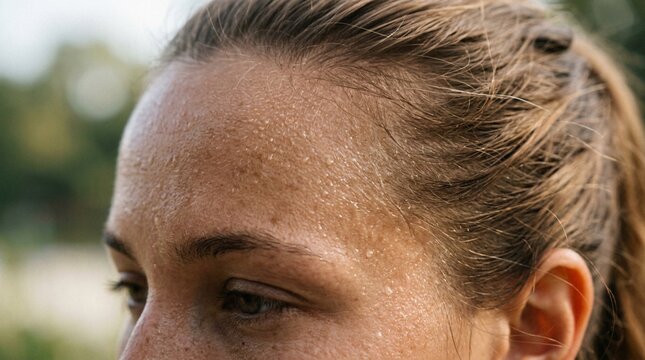 Extreme macro close-up of young woman's forehead and temple with dewy glistening skin, fine beads of sweat catching natural sunlight, wet hair strands pulled back, smooth complexion portrait detail