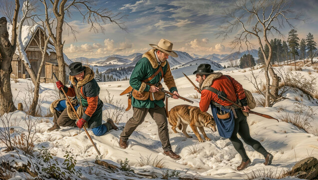 Hunters are tracking an animal in a winter landscape with mountains and snow on a cloudy afternoon. Renaissance style