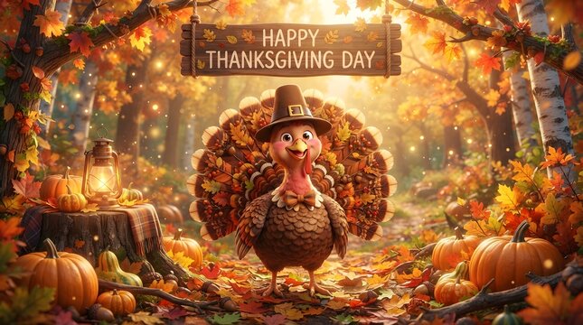 A cute cartoon turkey wearing a pilgrim hat standing in a beautiful autumn forest with pumpkins, fallen leaves, and a glowing lantern