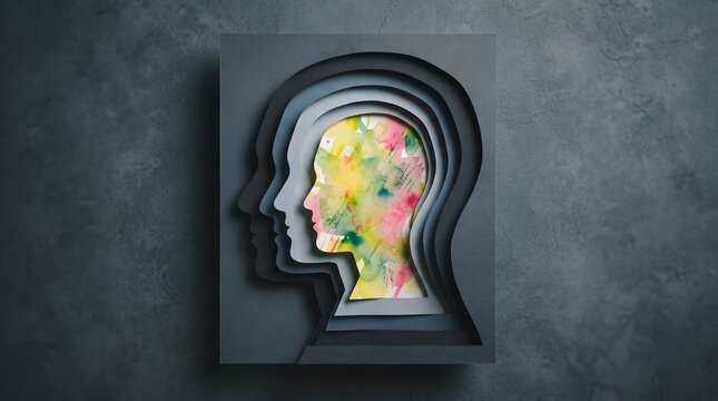 Multi layered paper cutout art depicting human head profile and colorful inner mind representation