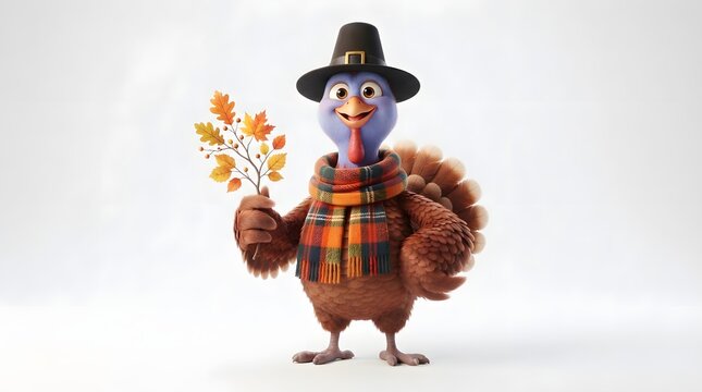 A cute cartoon turkey wearing a pilgrim hat and a plaid scarf, holding a branch of autumn leaves, isolated on white background