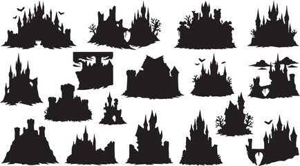Set of black castle and mountain landscape silhouettes at night © mstfensy
