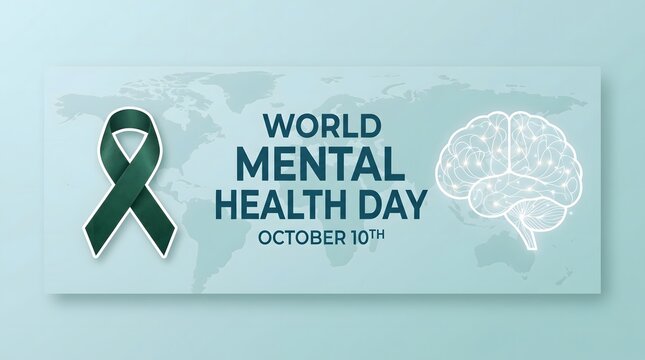 World mental health day promotional banner with green ribbon and brain silhouette