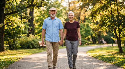 Obraz premium Older partners holding hands and walking actively along a green park trail enjoying sunshine and companionship